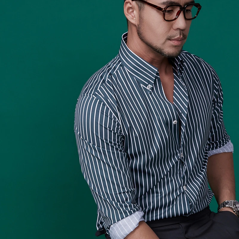 【莫兰迪条纹高弹针织】秋季修身舒适衬衫男士商务休闲长袖寸衣