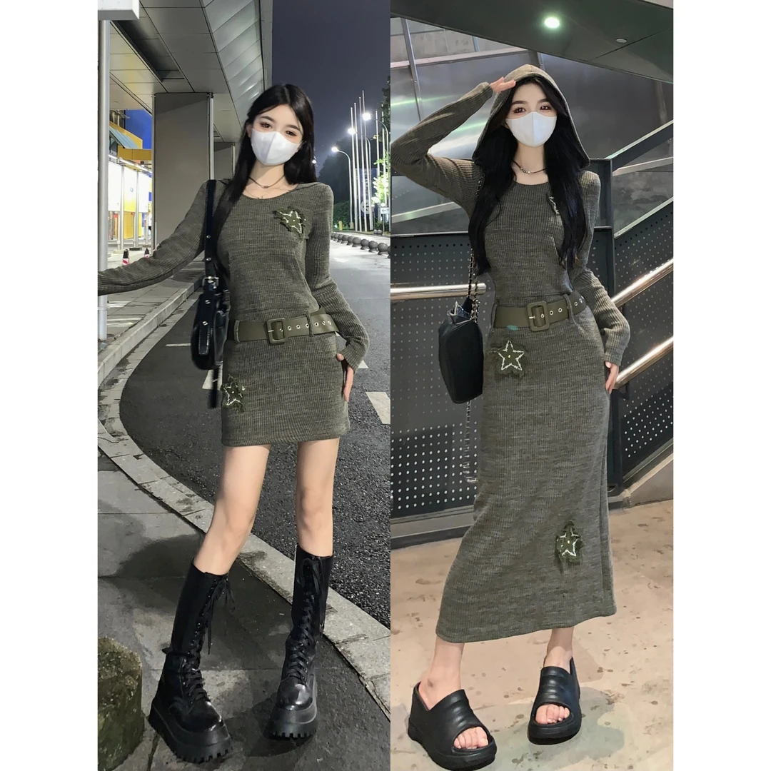 ~ 胖mm针织辣妹显瘦连帽小众复古设计感长袖连帽衫连衣裙