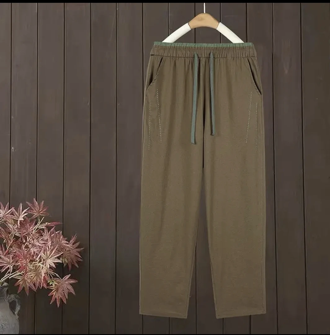 2025春秋新款时尚百搭斜纹水洗棉休闲长裤松紧腰宽松哈伦女裤子