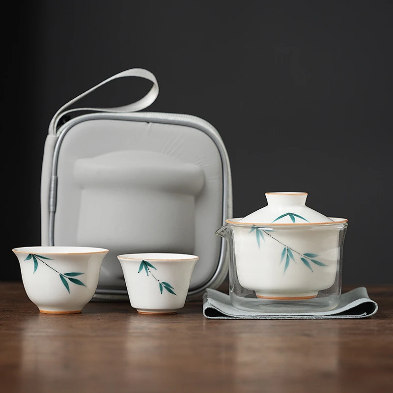 B18 旅行茶具套装绿竹盖碗两杯加透明包