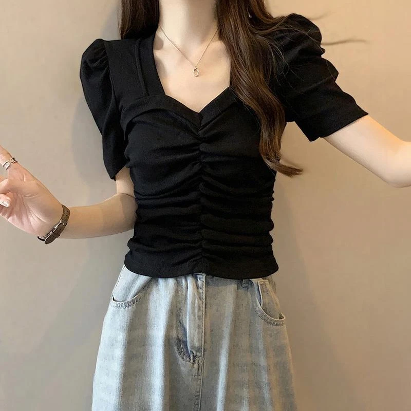 夏胖妹妹大码女装显瘦T恤小衫褶皱修身泡泡袖短款遮肚子洋气上衣