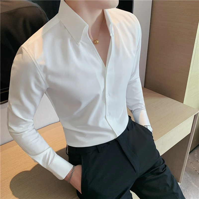 法式扣大领衬衫男士长袖2025新款春季痞帅高级感男装一片领白衬衣