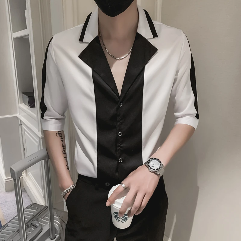 七分袖衬衫男设计感小众潮流高级感衬衣短袖修身韩版网红痞帅衣服