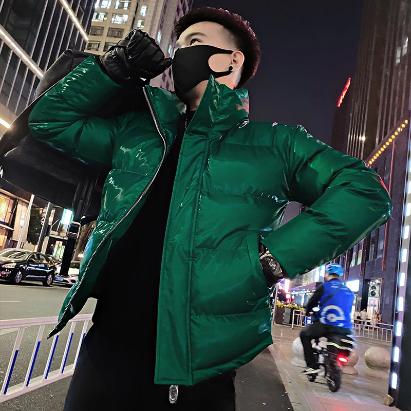 高端亮面棉衣外套男潮牌立领绿色棉袄2023新款冬季加厚保暖棉服潮