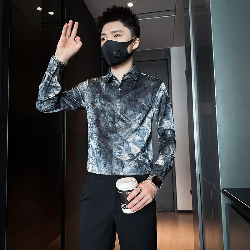 网红衬衫男款痞帅高级感炸街轻奢男装衬衣长袖修身提花潮流上衣服