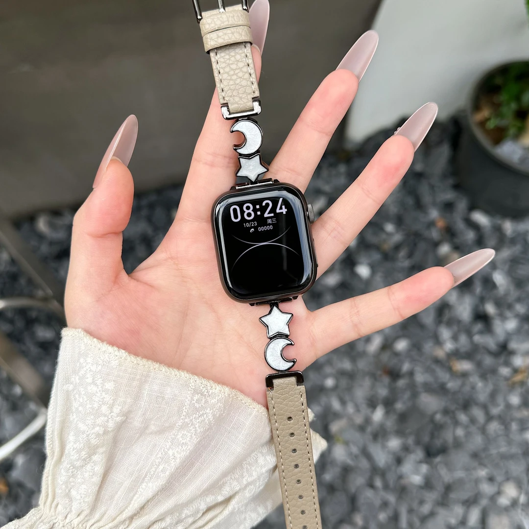 机智兽适用苹果手表applewatch表带星星月亮皮质金属个性简约腕带