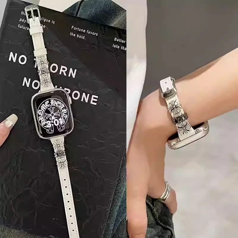 机智兽适用applewatch苹果iwatch手表表带十字架细款皮质S9手表带