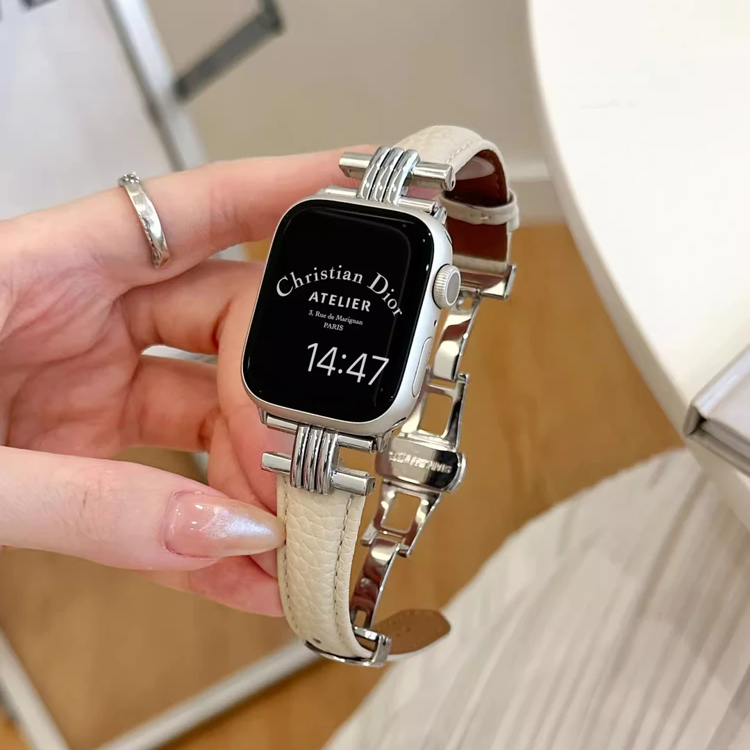 机智兽适用苹果手表AppleWatchS98765SE表带皮质蝴蝶扣iwatch表带