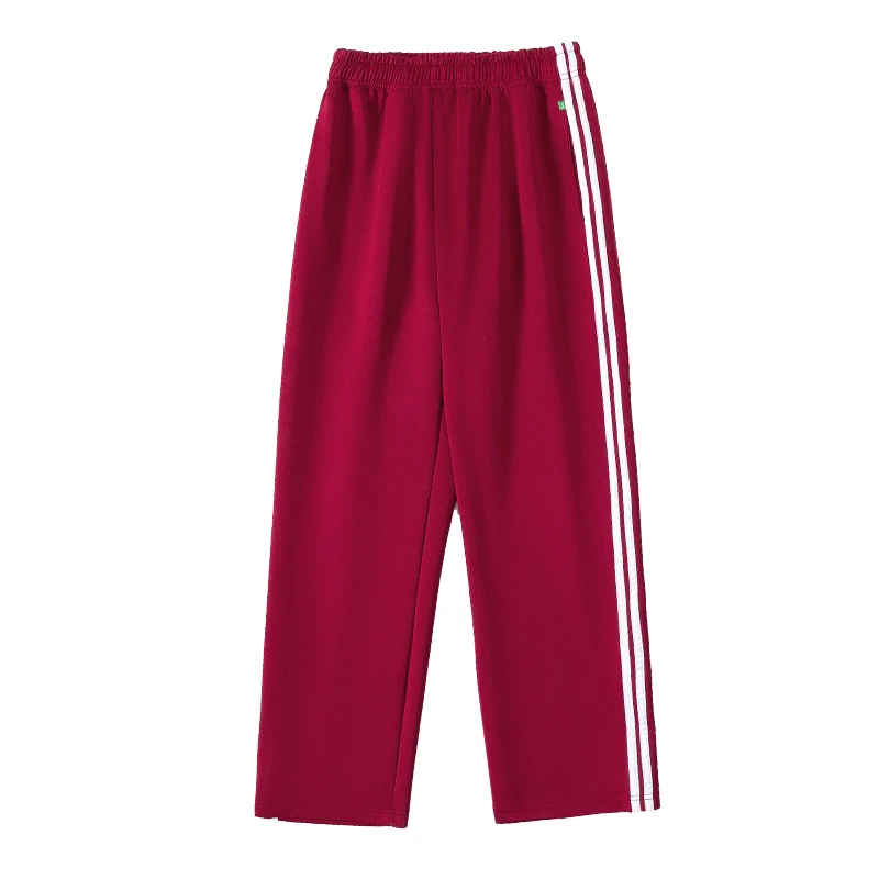 枣红酒红色高中生校服裤子二条杠白条春秋初中小学生校裤冬季加绒