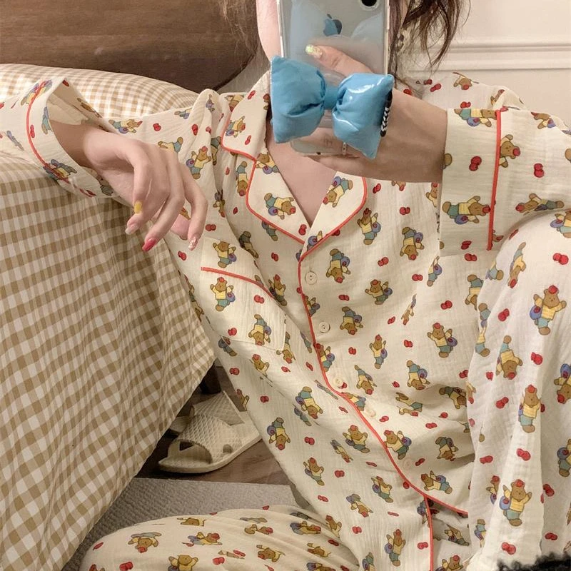 苹果熊云朵棉甜美可爱长袖家居服春秋季韩版宽松开衫可外穿睡衣女