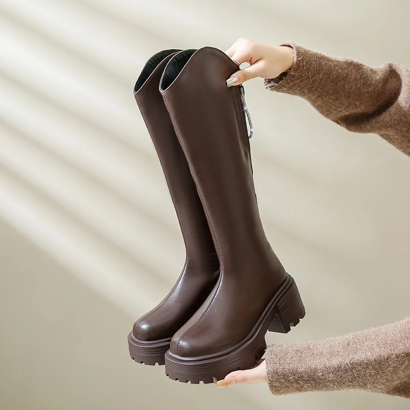 不过膝高筒骑士靴2023秋季新款粗跟长筒靴女小个子女靴厚底高筒靴