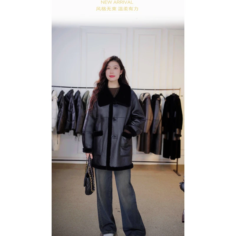 【年货节】秋冬时尚翻领常规百搭款女装双面穿皮毛一体外套-2023619