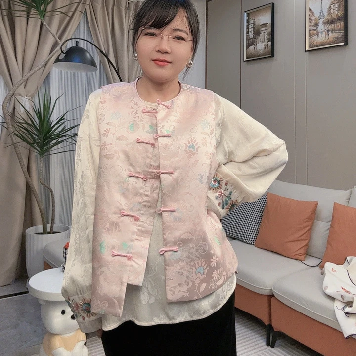 粉色龙凤缠枝纹织锦提花手工盘口马甲，实物拍