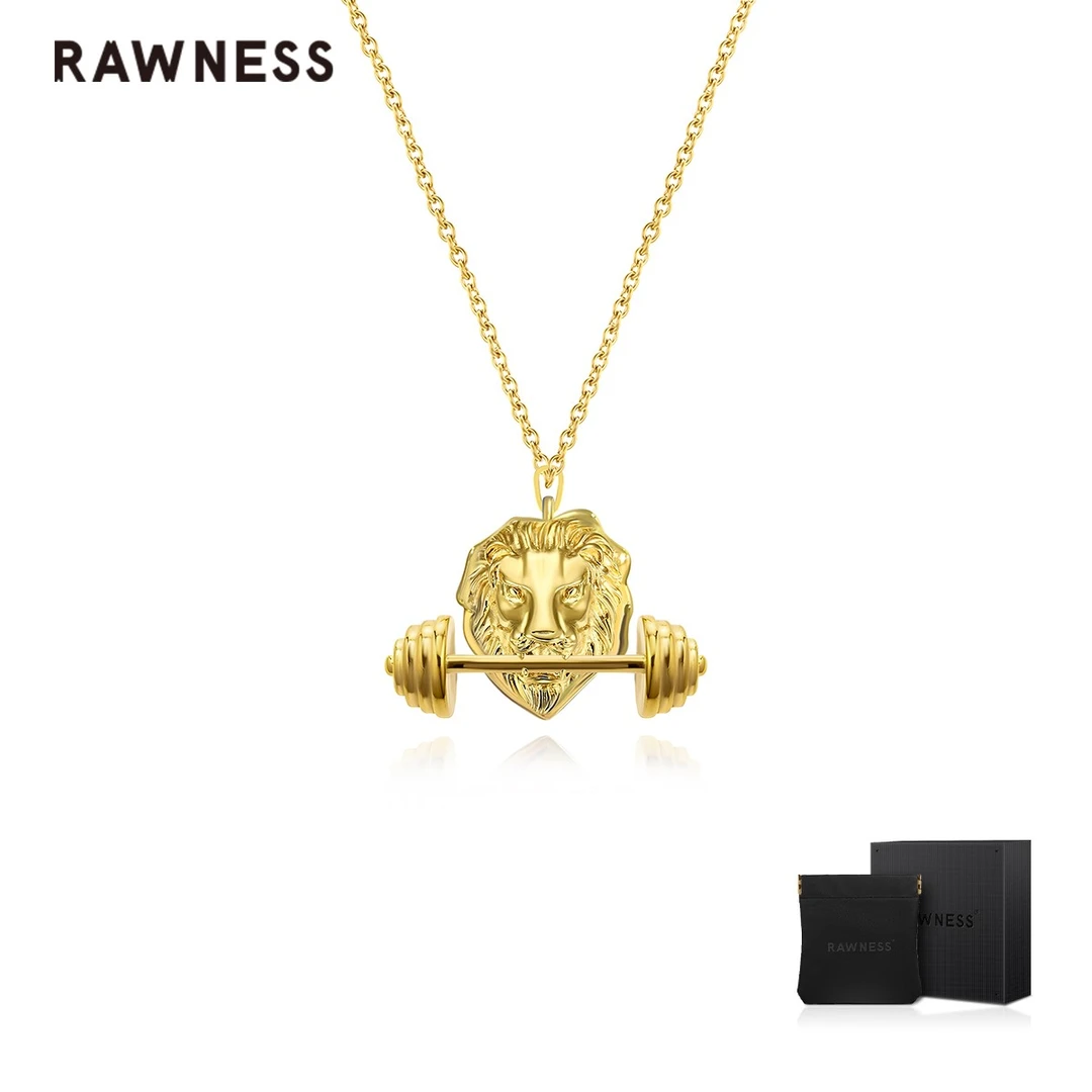 RAWNESS 钛钢项链 情人节礼物健身小狮子杠铃项链 哑铃吊坠金色