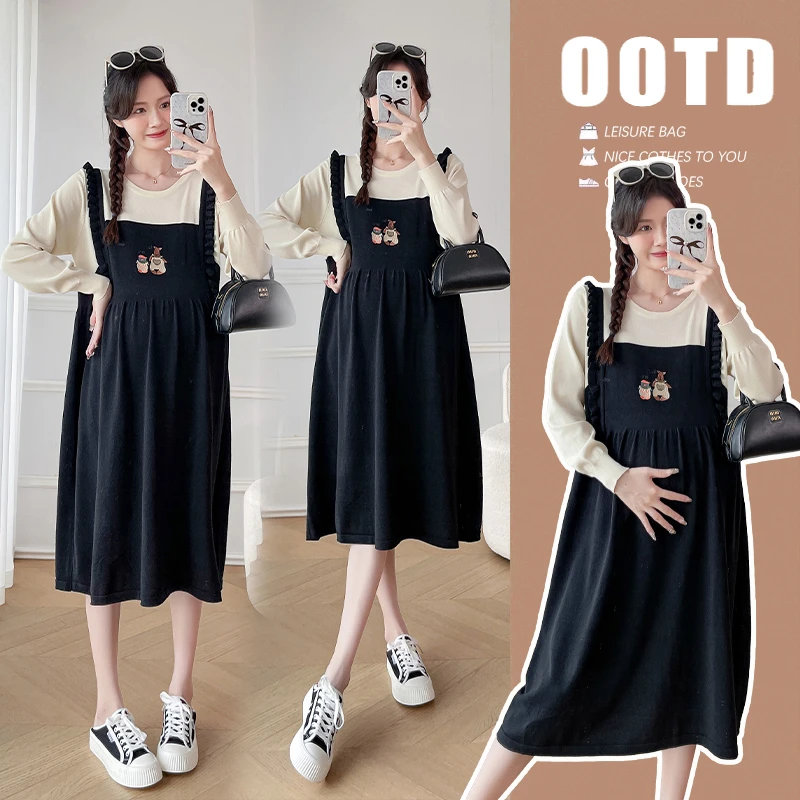 孕妇装春秋季2025春季新品韩版时尚网红同款刺绣减龄假两件连衣裙