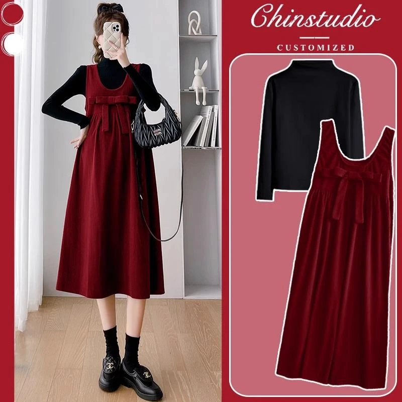 孕妇连衣裙春秋季外穿灯芯绒吊带裙蝴蝶结洋气辣妈中长款待产裙子