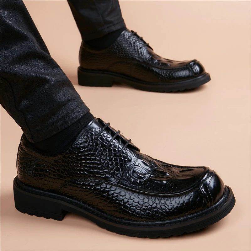 新款休闲男皮鞋软底增高男士商务皮鞋时尚透气鳄鱼纹正装男潮鞋子