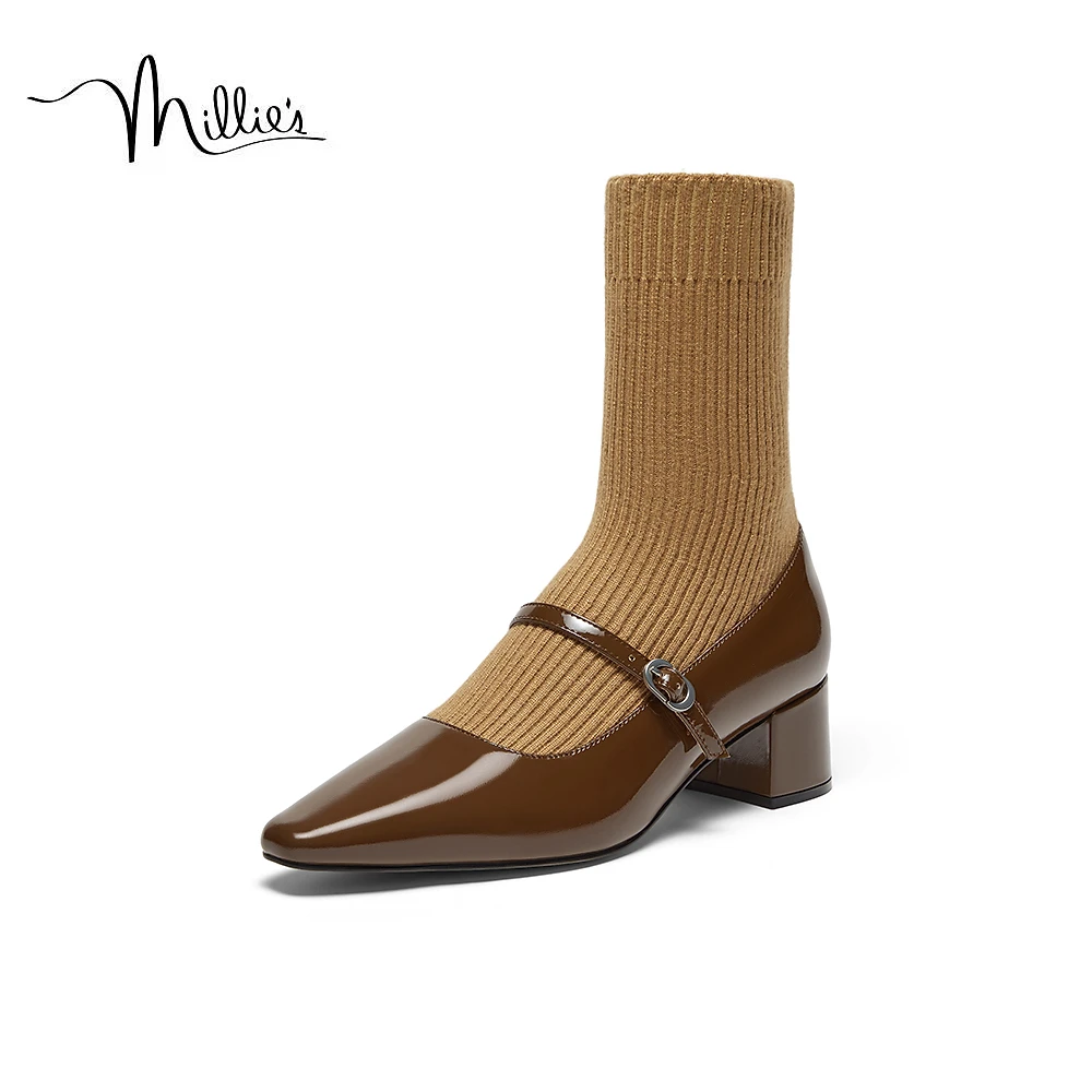 millie's妙丽少女颂歌时尚中古尖头拼织玛丽珍袜靴女中靴A5309DZ4