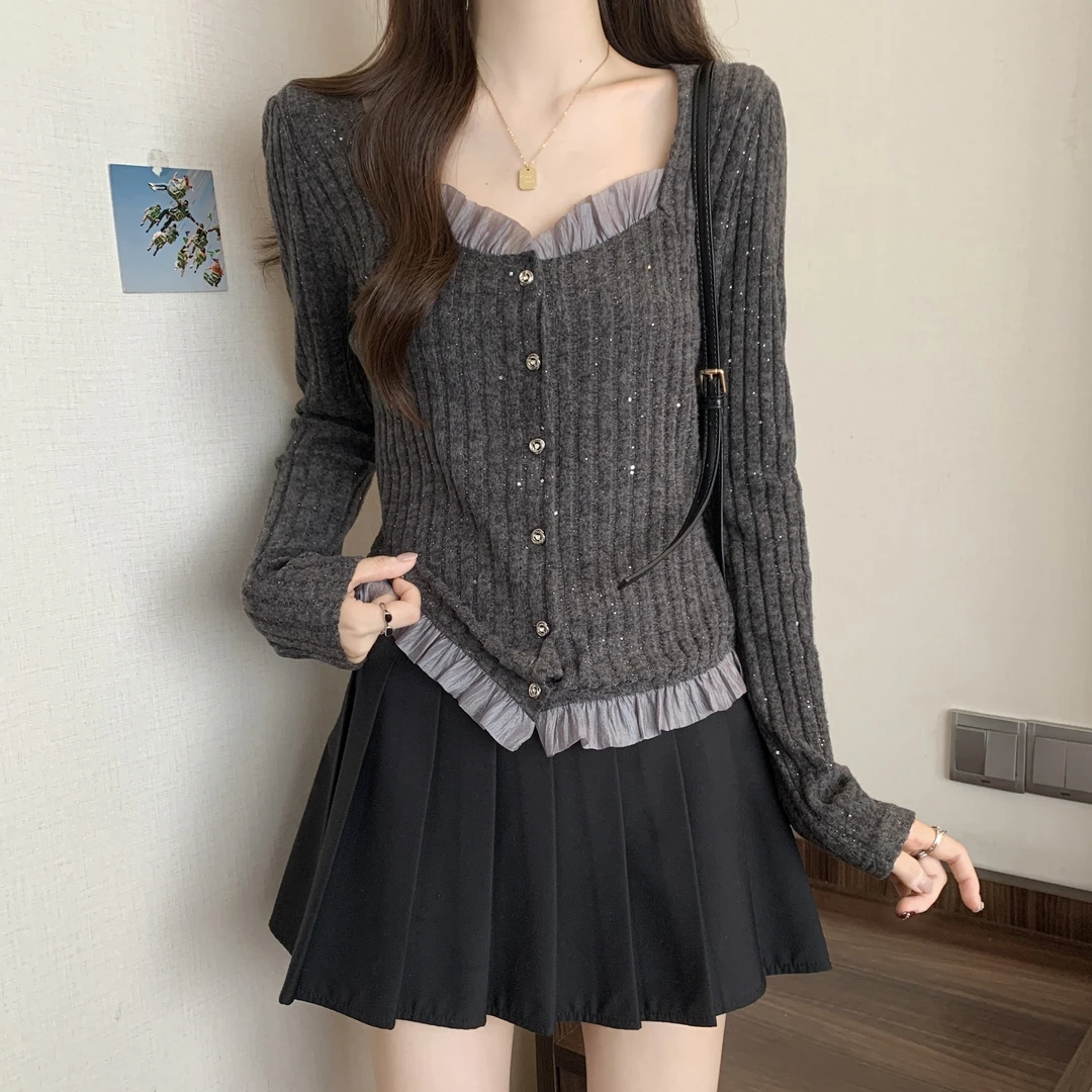 大码女装早春爆款2025新款内搭打底洋气荷叶拼接针织开衫短款上衣