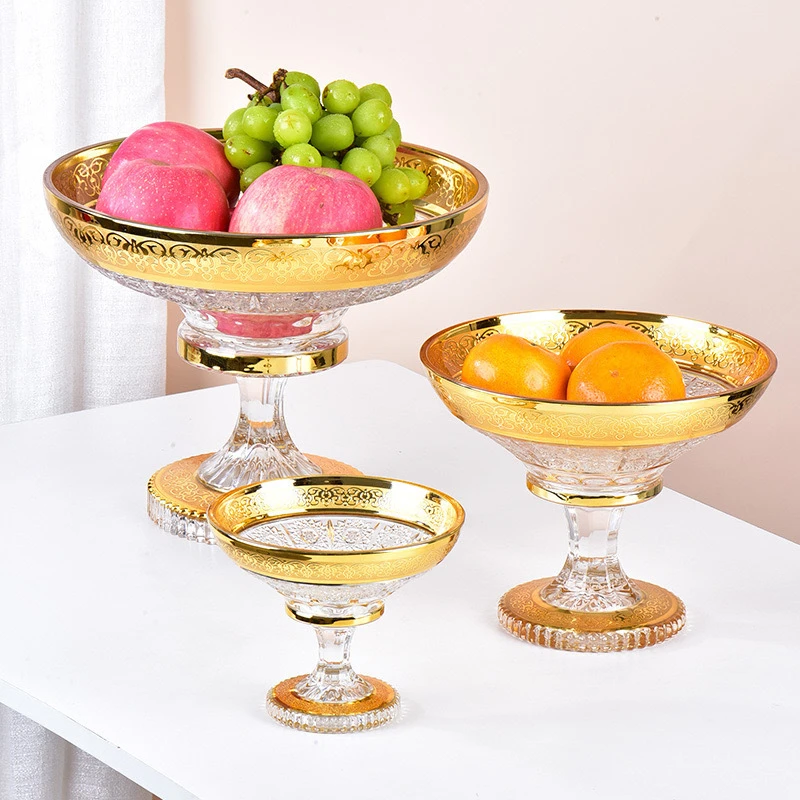 厂家直销中东市场需求高档次敞口镀金玻璃果斗果盘糕点盘婚宴使用