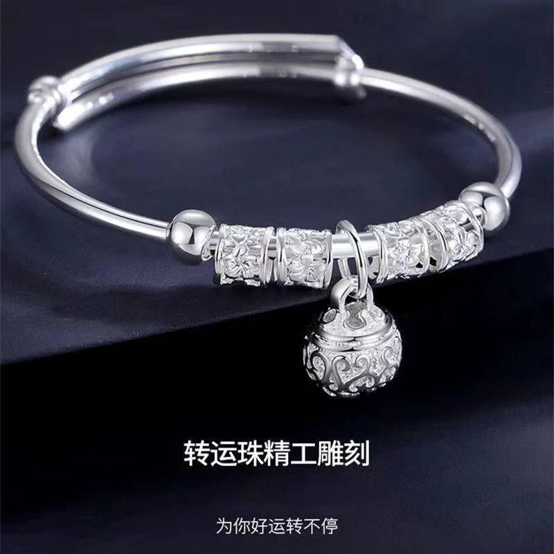 足银手镯 A726纯银9999铃铛手镯女镂空宫铃时尚银饰古风手镯