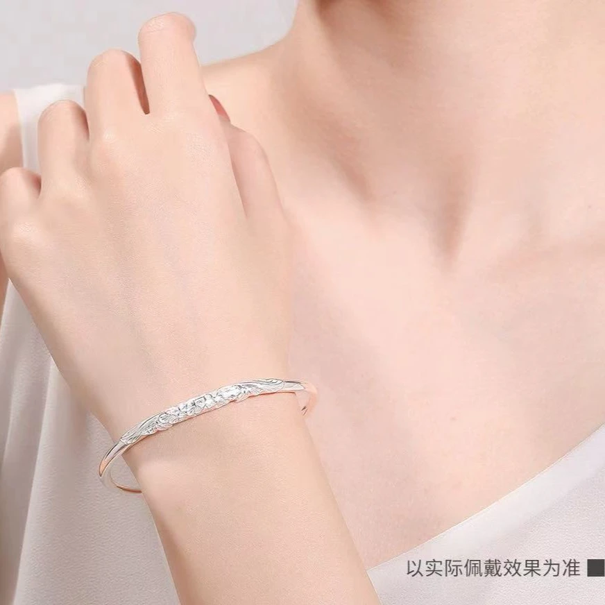 足银手镯 A712荷花推拉纯银手镯女S990足银镯子送女友妈妈礼物