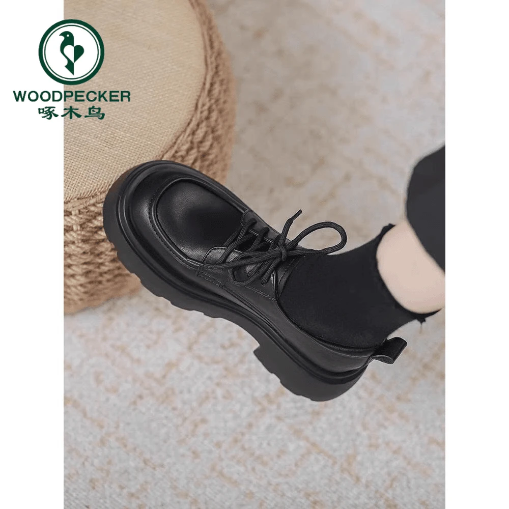 啄木鸟真皮厚底英伦风小皮鞋女2025新款秋冬季春秋女款厚底乐福鞋