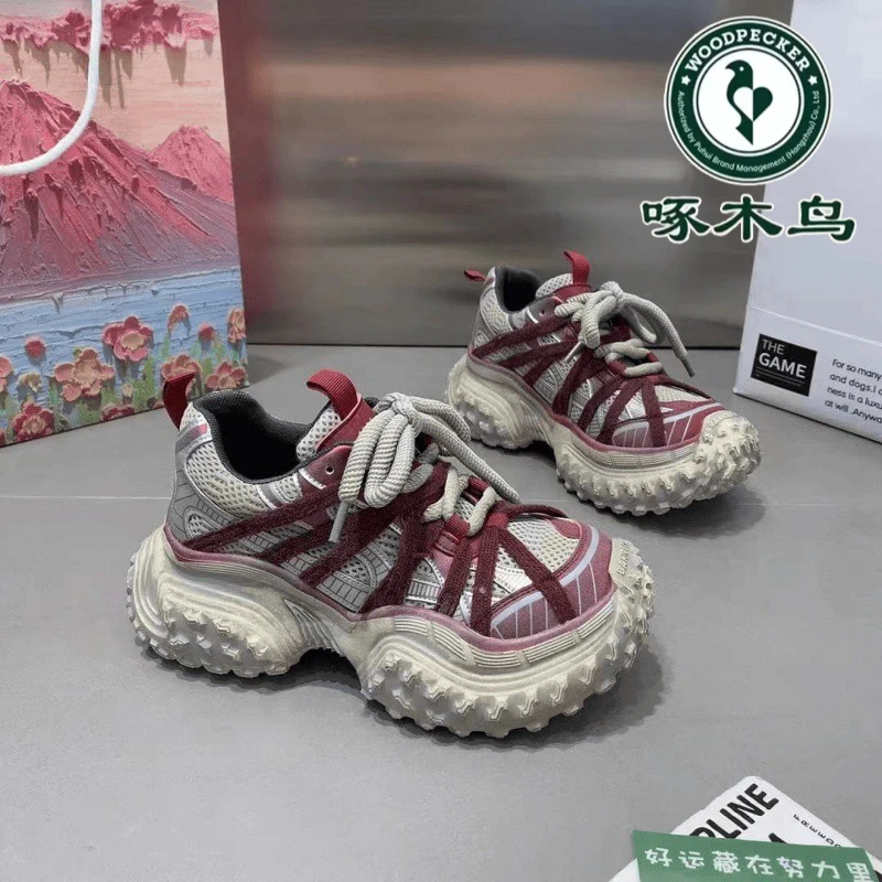 啄木鸟厚底增高老爹鞋女2025夏季新款春秋榴莲底轮胎鞋休闲运动鞋