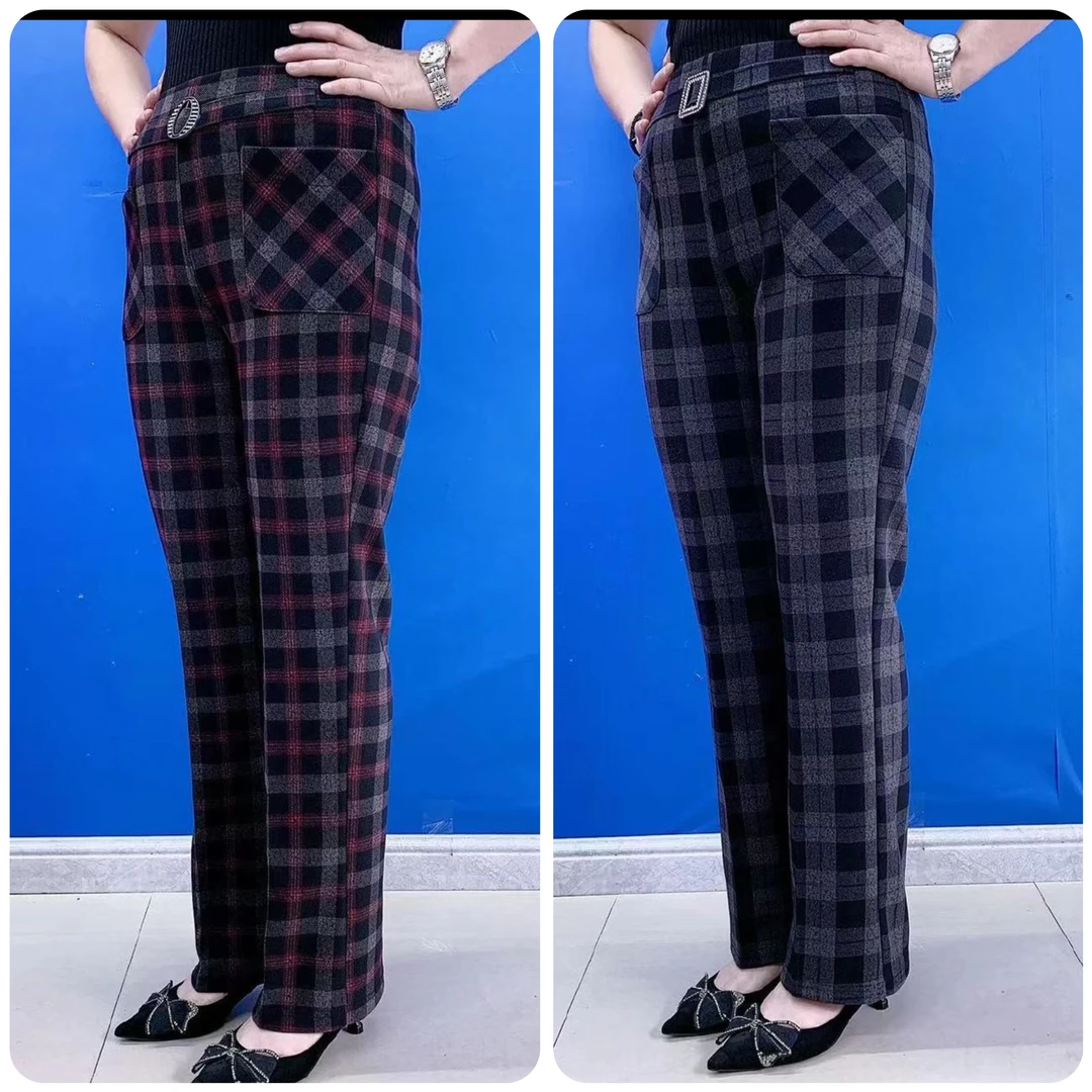 时尚新款格子高腰微弹妈妈裤（两个颜色分码分号80-170斤可穿）