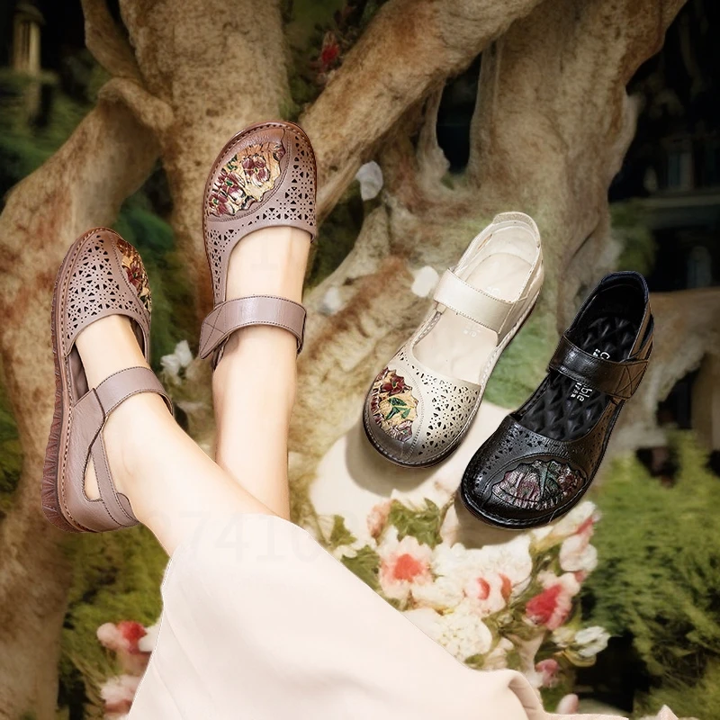 1682复古平底妈妈鞋软底老人民族夏季新款洞洞鞋软底中老年妈妈鞋