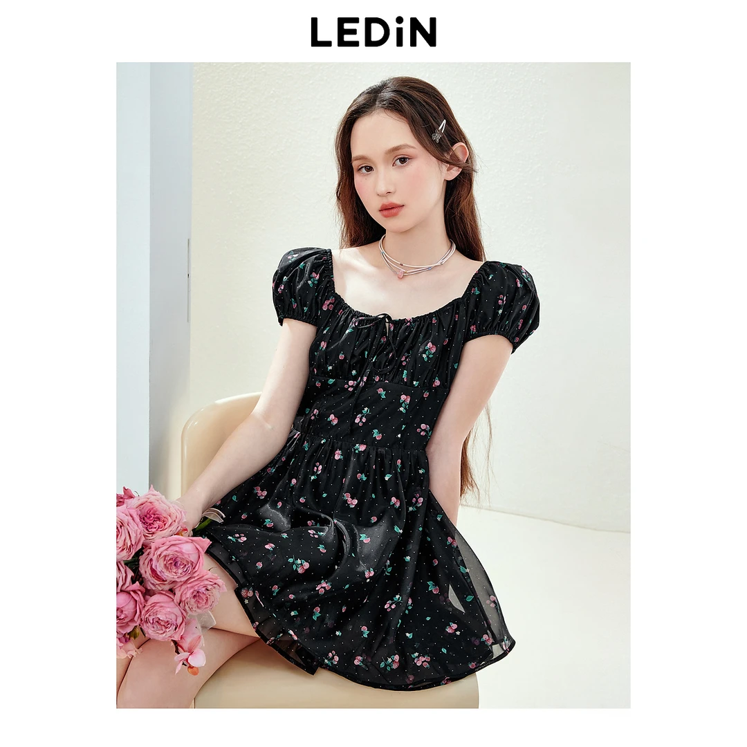 乐町清透浪漫碎花裙夏季新款遮肉显瘦小黑裙烂漫法式树莓纱裙