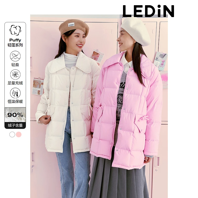 【防寒】乐町多巴胺A版中长款轻羽绒外套23方格蝴蝶结口袋羽绒服