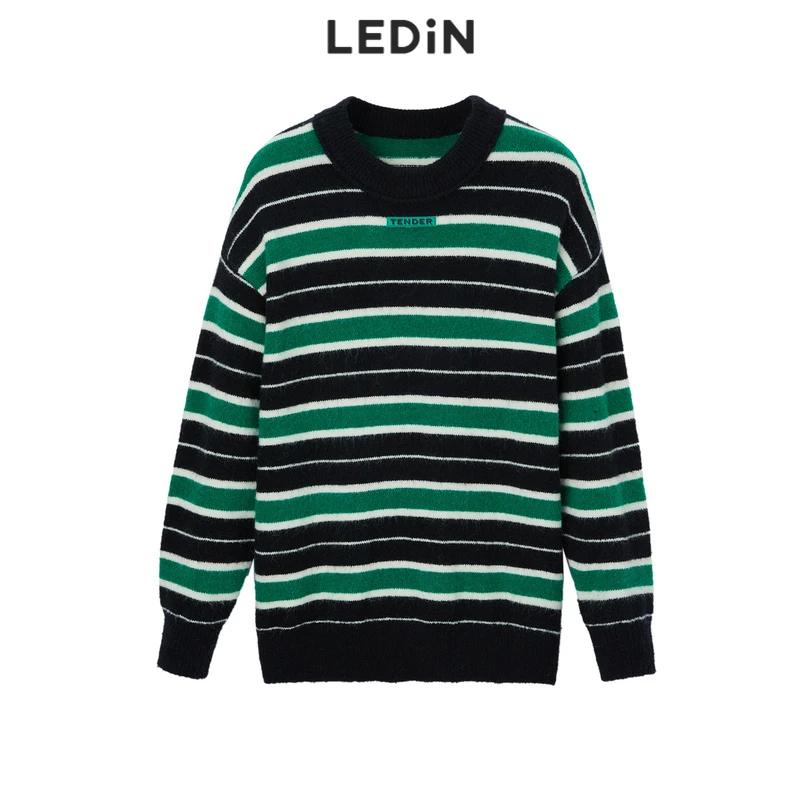 乐町条纹毛衣早秋新款上衣女针织衫圆领休闲时尚套头长袖撞色复古