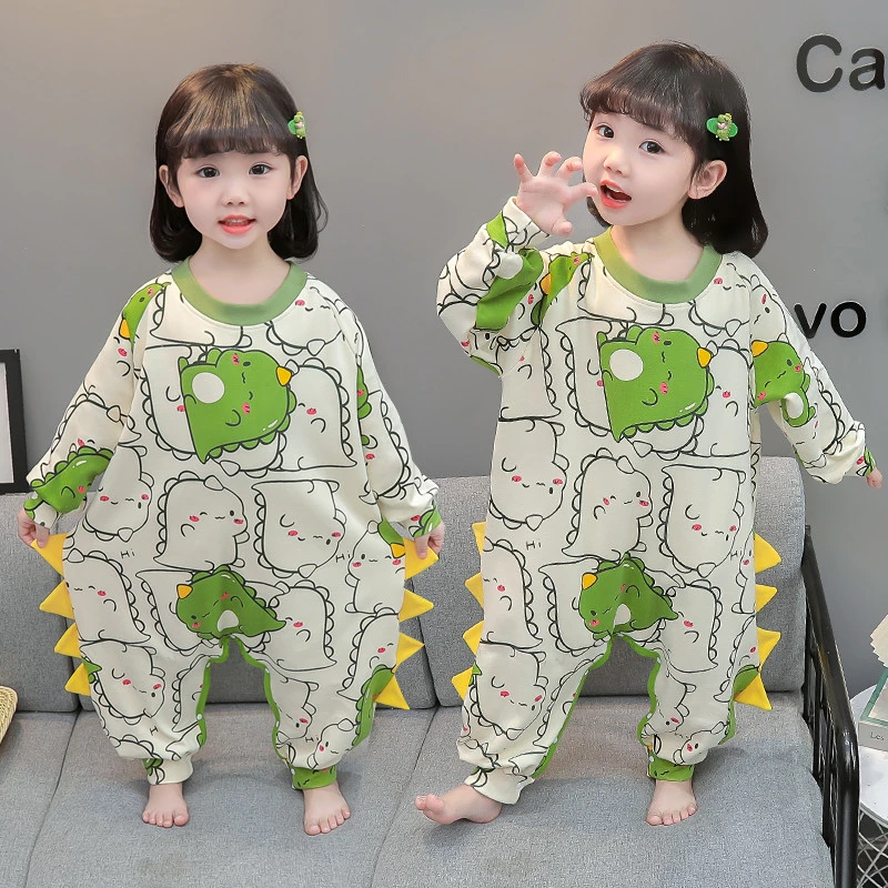 儿童连体睡衣秋款纯棉长袖秋季卡通秋款恐龙家居服宝宝护肚防踢被
