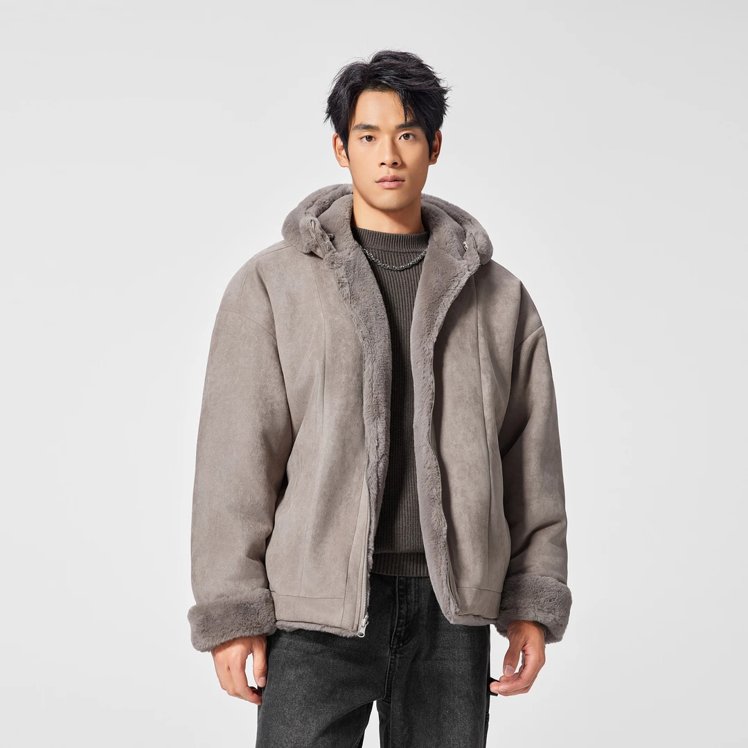 BODYDREAM 男秋冬新款麂皮外套加厚宽松连帽保暖毛绒夹克双面穿潮