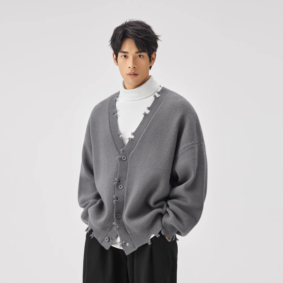 BODYDREAM慵懒风破洞V领开衫毛衣男宽松针织衫美式overisze外套