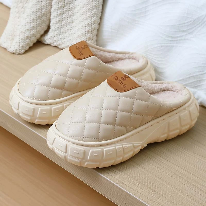 猫力防水棉拖鞋女款冬季PU皮厚底保暖2024新款室内家居毛绒拖鞋男