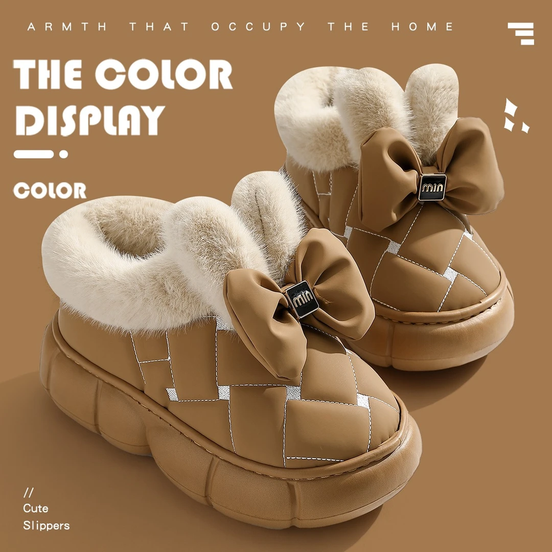 猫力高跟蝴蝶结棉拖鞋女士冬季外穿2024新款室内家居保暖防滑棉鞋