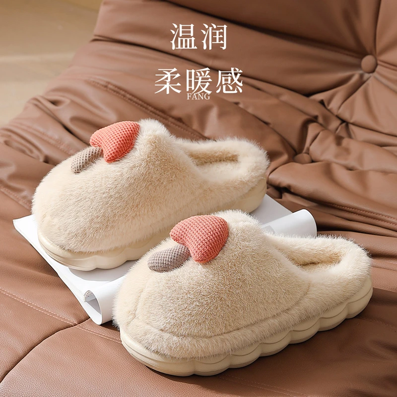 猫力可爱蘑菇棉拖鞋女士冬季半包跟2025新款室内家居保暖毛毛拖鞋