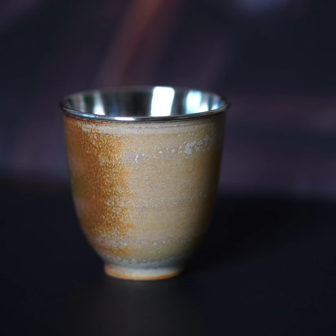 半色柴烧闻香银杯主人杯纯手工999足银瓷包银家用创意复古