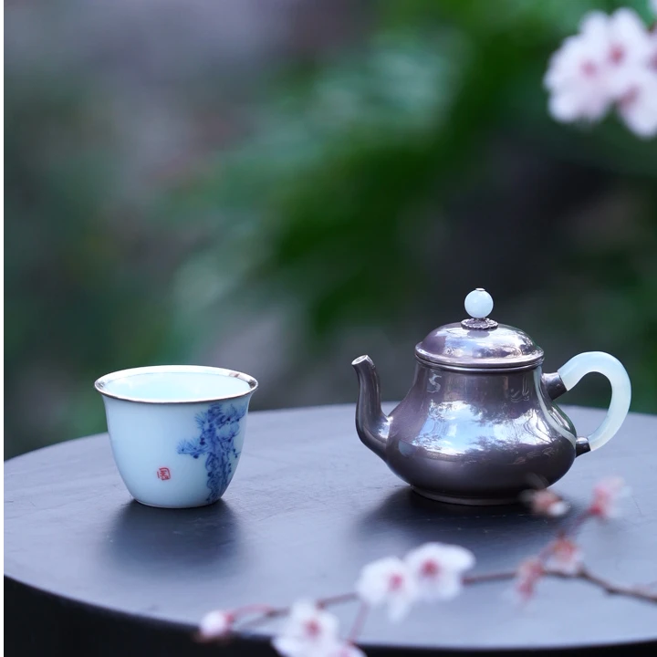 玉把手思亭小银壶银纯手工茶道复古泡壶金属茶器泡茶壶宫灯品牌