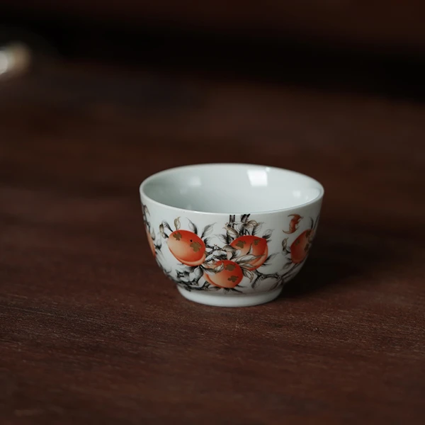 古兰色矾红寿桃杯茶杯品茗杯矾红陶瓷大容量仿古压手杯主人杯描金