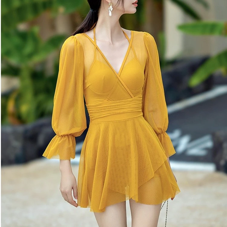 新款保守泳衣女大码连体泡温泉遮肚显瘦时尚网纱高级感泳装