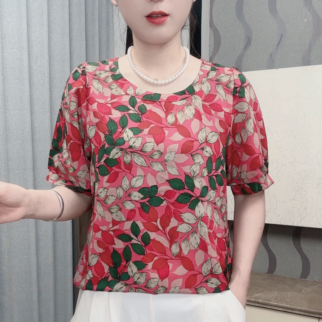【江南美人】夏季印花圆领宽松洋气复古时尚气质百搭中袖上衣小衫