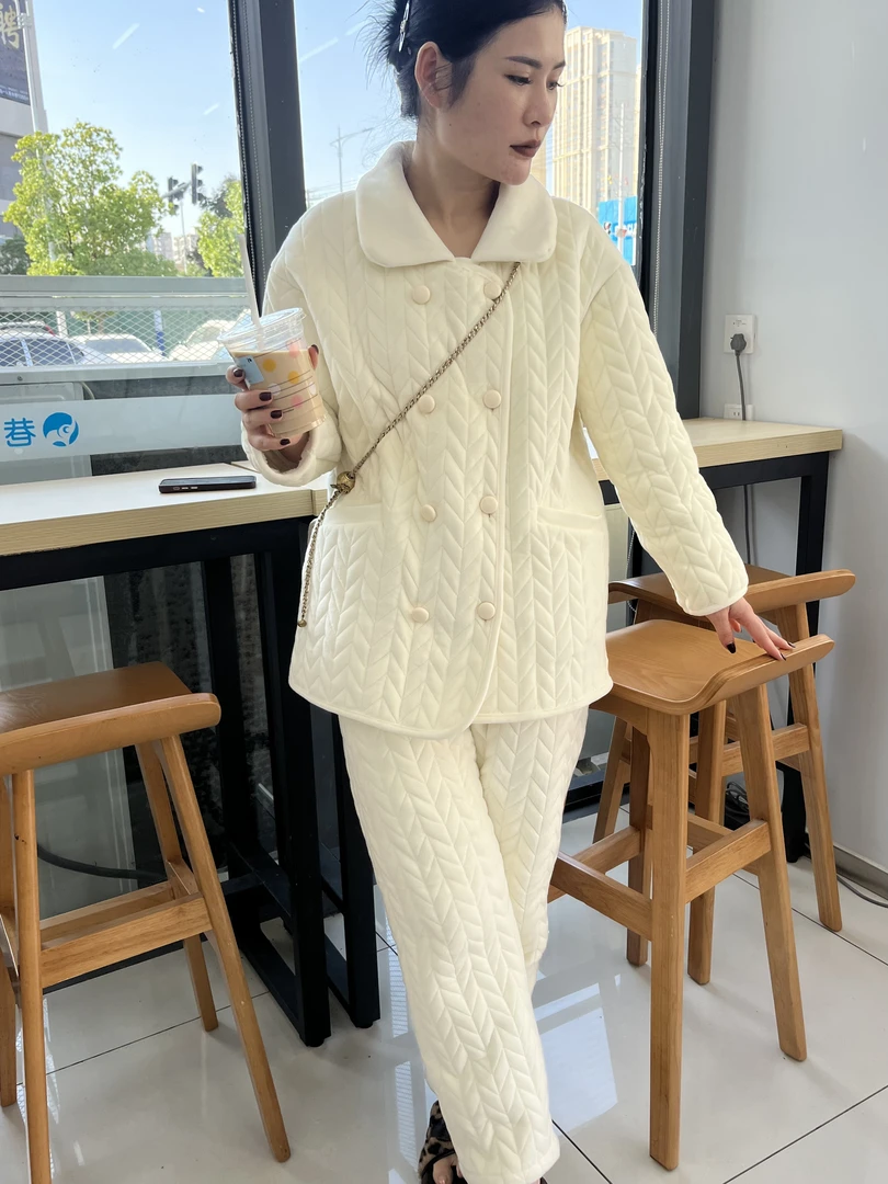 原创简约双排扣夹棉加绒外穿家居服套装时尚