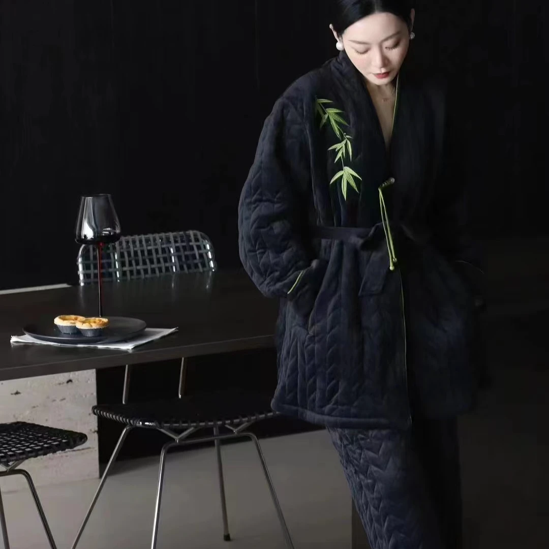 原创腰带刺绣竹子夹棉加绒外穿家居服套装冬季原创睡衣家居服