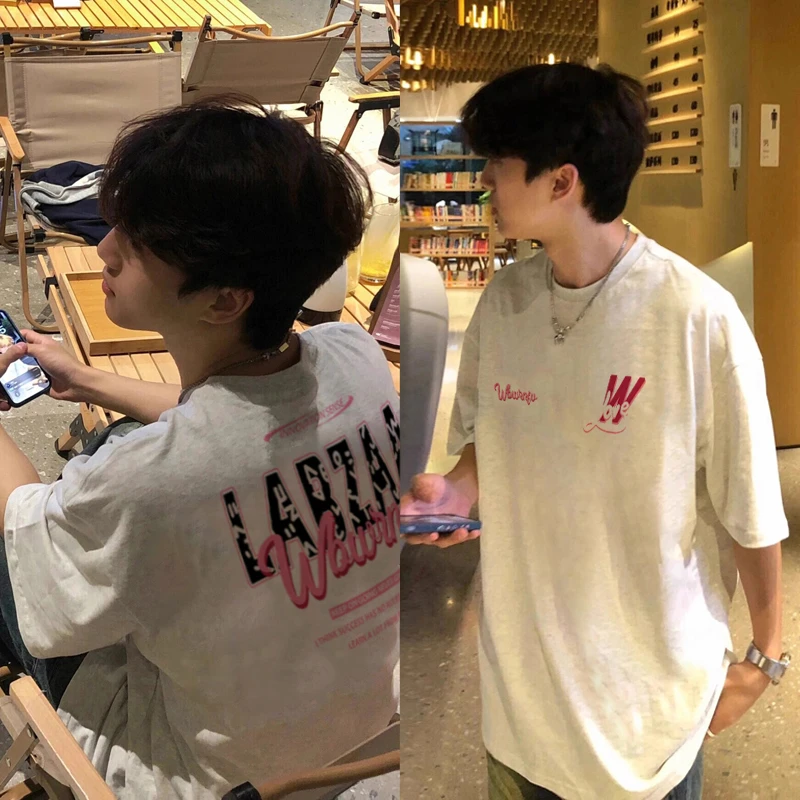 labzaa计感字母印花纯棉短袖t恤男夏季高街百搭宽松重磅情侣上衣