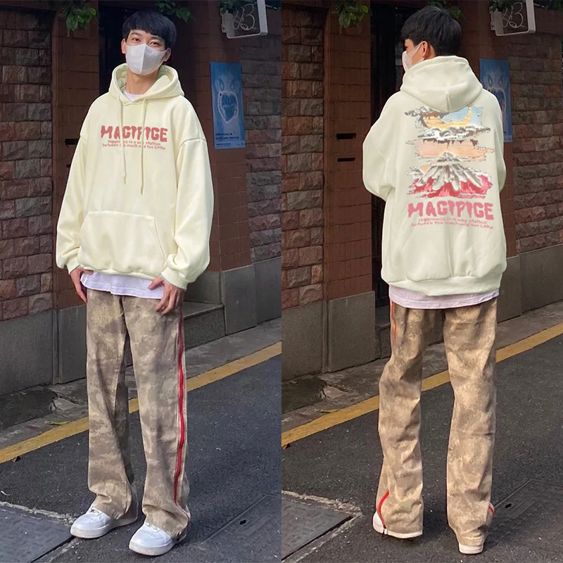 美式设计感山峰字母印花连帽卫衣男女秋街头潮牌百搭宽松外套上衣