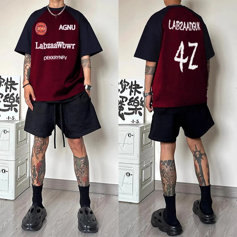 labzaa美式字母印花插肩短袖T恤男夏季潮牌百搭宽松情侣纯棉上衣