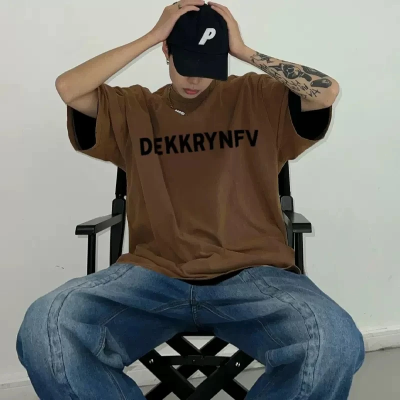 labzaa高街简约字母印花宽松上衣男hiphop美式复古重磅棉短袖T恤